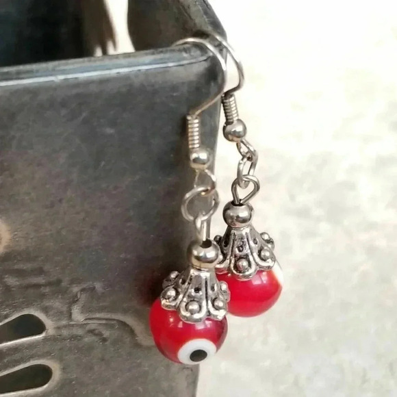 Handmade Evil Eye Red Talisman Drop Earrings - Picture 4 of 5